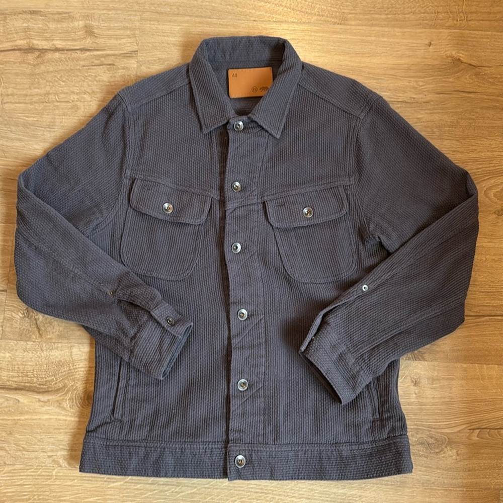 Men’s Taylor stitch, sashiko, dark, gray trucker jacket, size medium